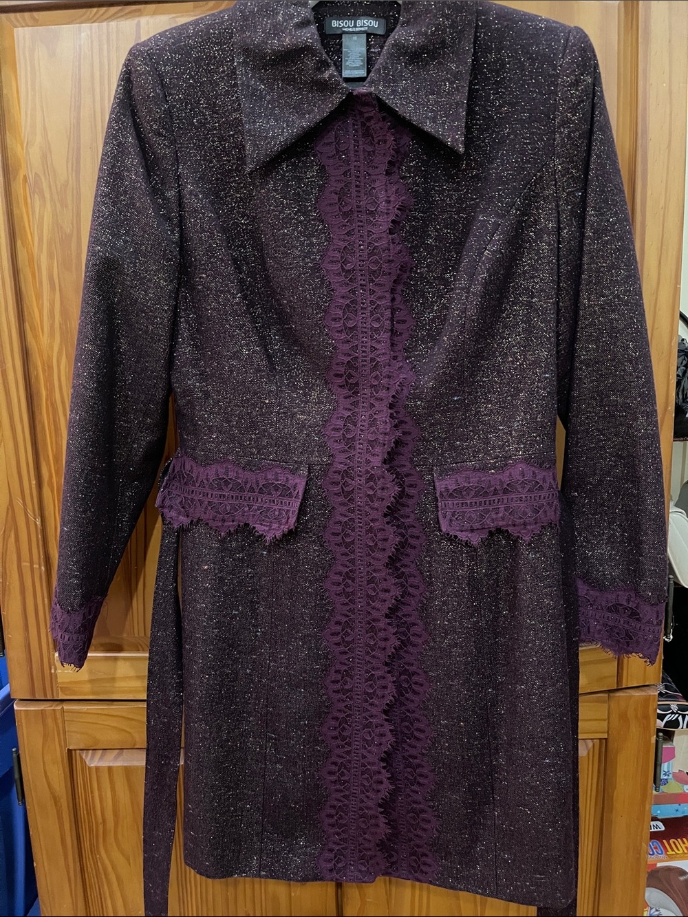 Bisou Bisou Plum Lace-Trim Trench Coat